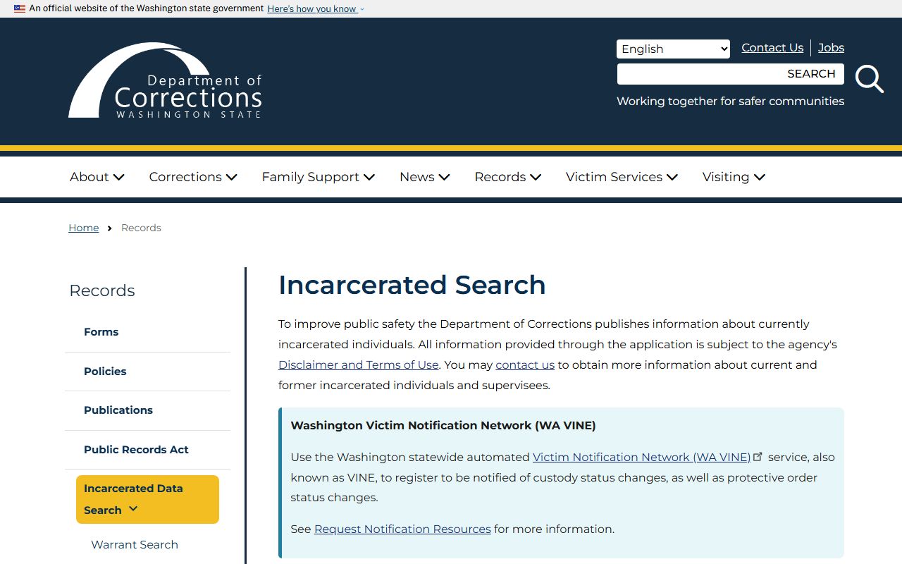 Washington DOC incarcerated search form for DOC inmate population lookup