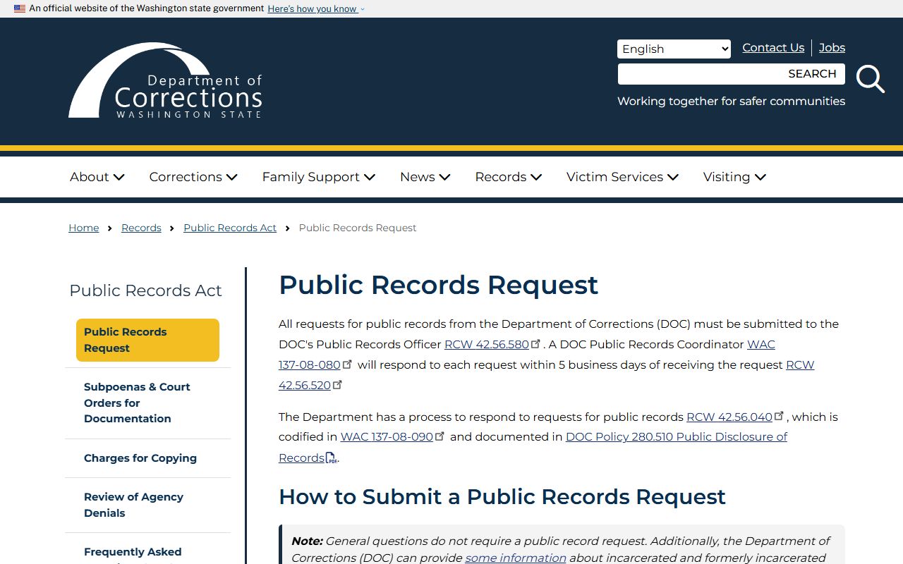 Washington DOC public records request page for prison inmate records