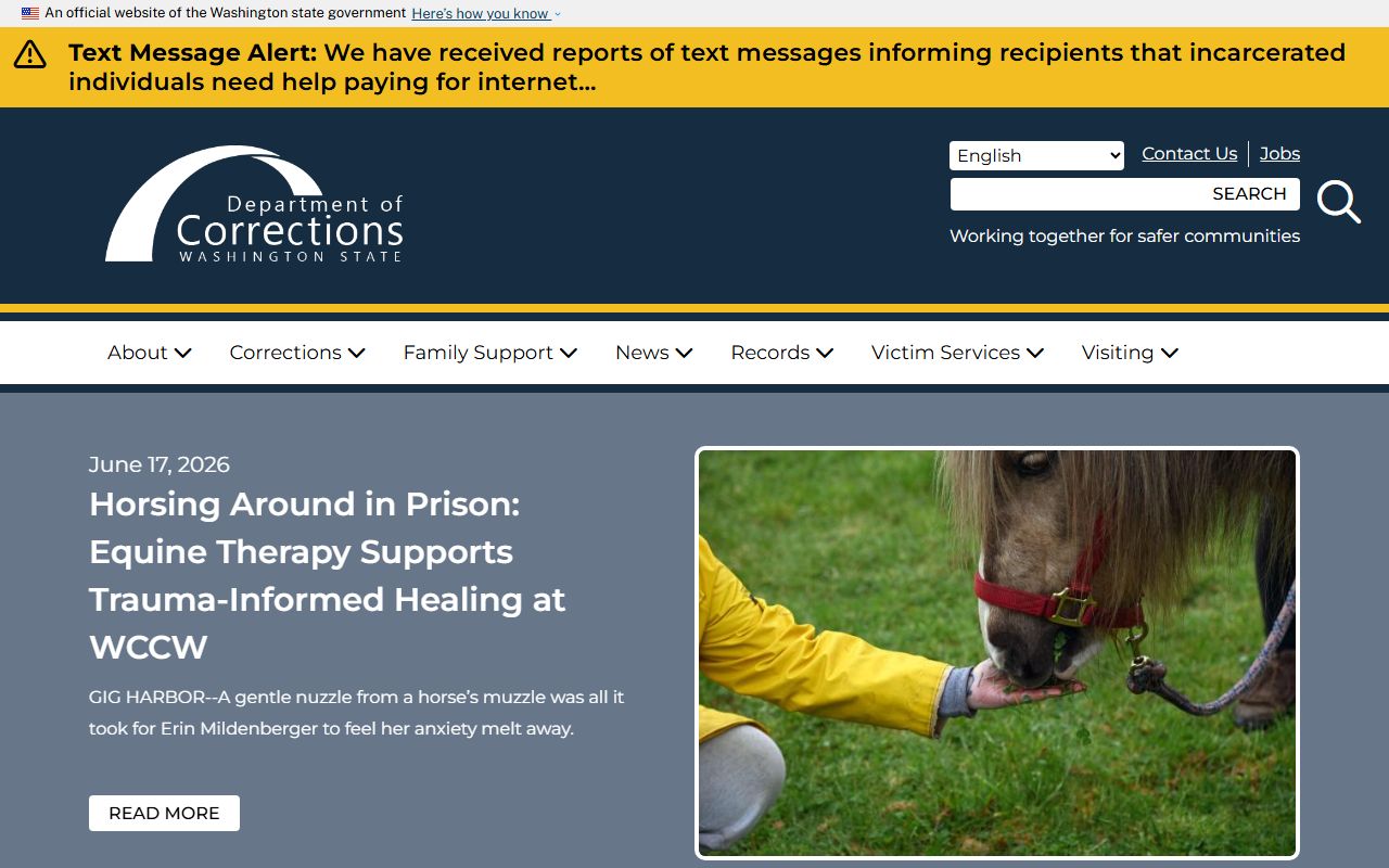 Washington DOC home page for Washington inmate population search