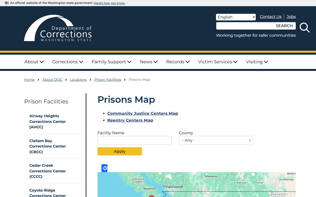 Washington DOC prisons map for state prison inmate population